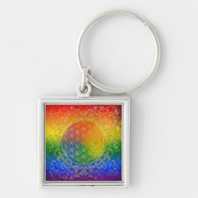 Flower of Life - Ornament Rainbow gold Key Ring (Front)