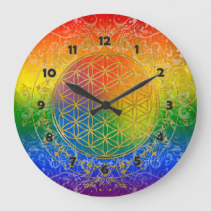 Flower of Life - Ornament Rainbow gold Large Clock