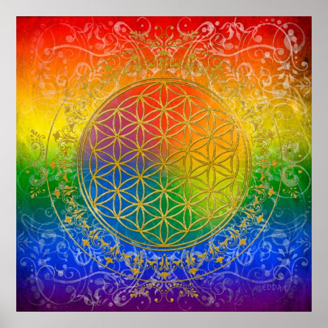 Flower of Life - Ornament Rainbow gold Poster (Front)