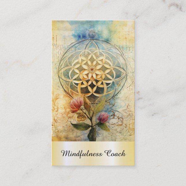 *~* Flower of Life QR  AP92 Reiki Gold Sacred Business Card (Front)