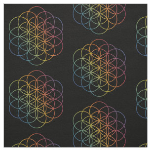 Flower of Life Rainbow Gradient Pattern on Black Fabric