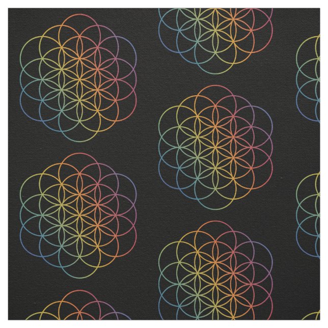 Flower of Life Rainbow Gradient Pattern on Black Fabric (Swatch)