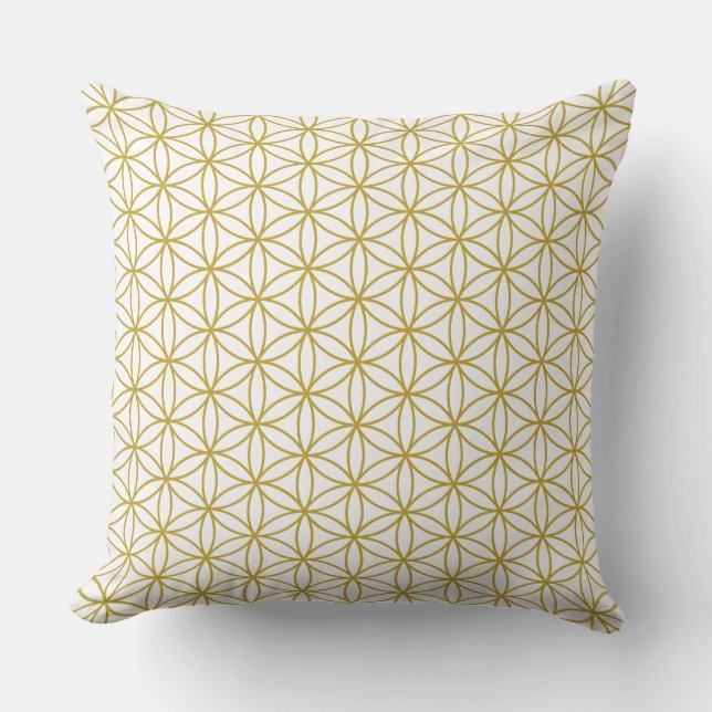 Flower of Life Repeat Pattern – Gold on White Cushion (Front)