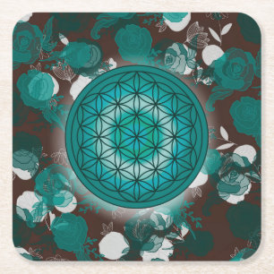 flower of life, sacred geometric,zen, chakra,   square paper coaster
