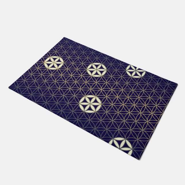 Flower Of Life - seamless pattern - blue beige Doormat (Angled)