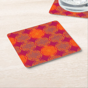 Flower of Life - stamp pattern - orange pink Square Paper Coaster