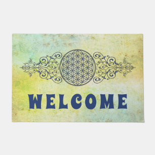 Flower Of Life - Vintage Ornaments blue gold Doormat