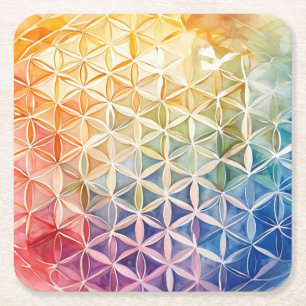 Flower of Life - Watercolor Painting Square Paper Coaster