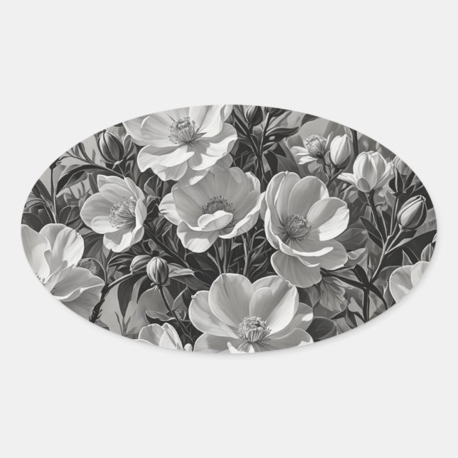 Flower oil painting grayscale oval sticker (Front)