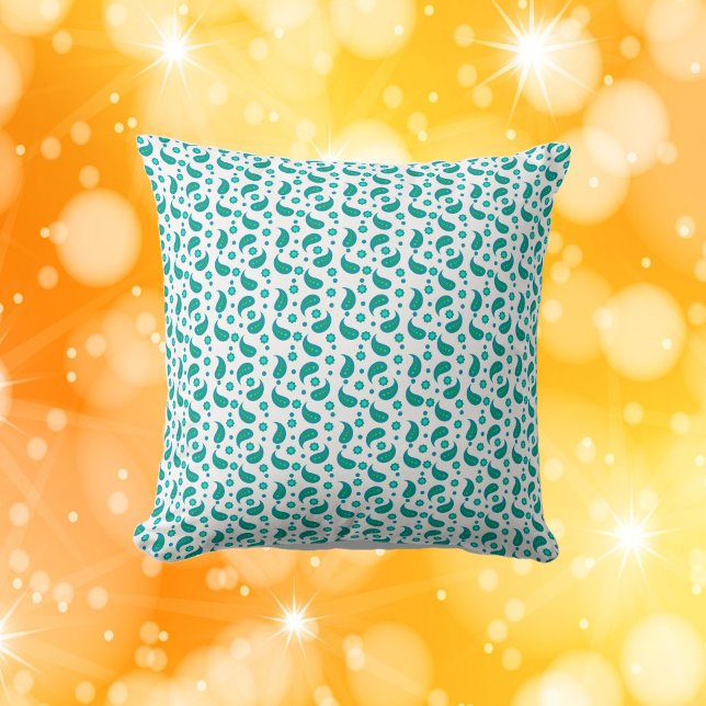 Flower Paisley Polka Dot Pattern Green Blue Cushion (A pillow with a pattern of paisley, flowers and polka dots in green and blue)