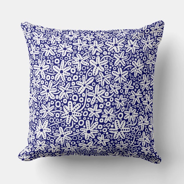 Flower Pattern 240412 - White on Dk Blue Cushion (Front)