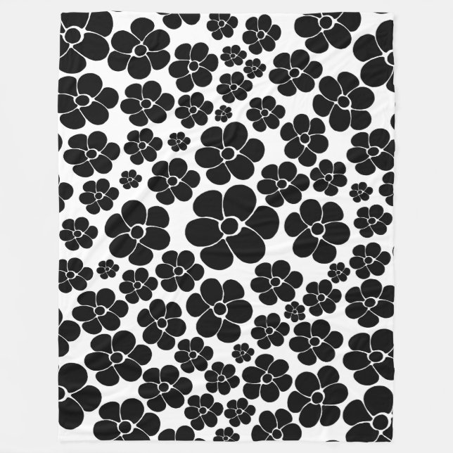 Flower Pattern - Black and White Fleece Blanket (Front)