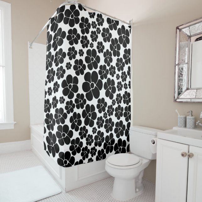 Flower Pattern - Black and White Throw Pillow Shower Curtain (In Situ)