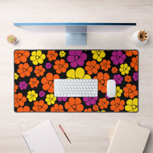 Flower Pattern - Black, Pink, Orange and Yellow Desk Mat