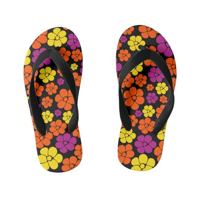 Flower Pattern - Black, Pink, Orange and Yellow  Kid's Jandals (Footbed)
