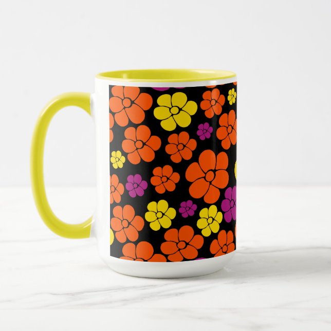 Flower Pattern - Black, Pink, Orange and Yellow  Mug (Left)