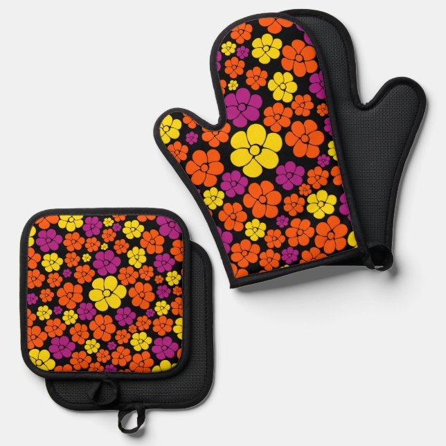 Flower Pattern - Black, Pink, Orange and Yellow  Oven Mitt & Pot Holder Set (Front/Back)