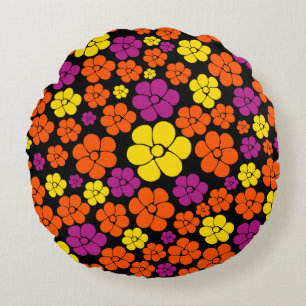 Flower Pattern - Black, Pink, Orange and Yellow Round Cushion