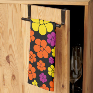 Flower Pattern - Black, Pink, Orange and Yellow Tea Towel