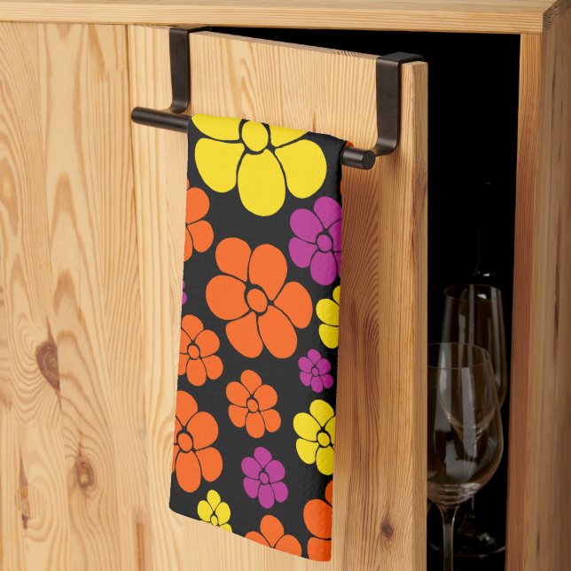Flower Pattern - Black, Pink, Orange and Yellow Tea Towel (Thirds Fold)