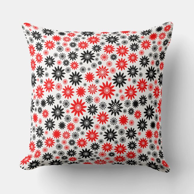 Flower Pattern - Black with Red and White Cushion (Front)