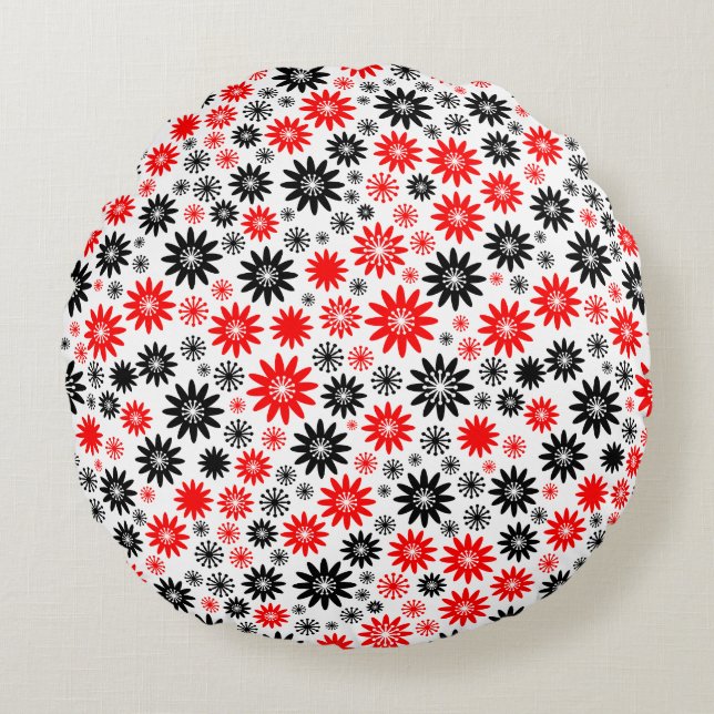Flower Pattern - Black with Red and White Round Cushion (Front)