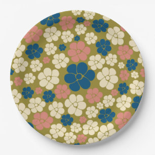 Flower Pattern - Blue, Olive Green, Pink and Cream Paper Plate