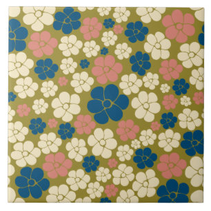 Flower Pattern - Blue, Olive Green, Pink and Cream Tile