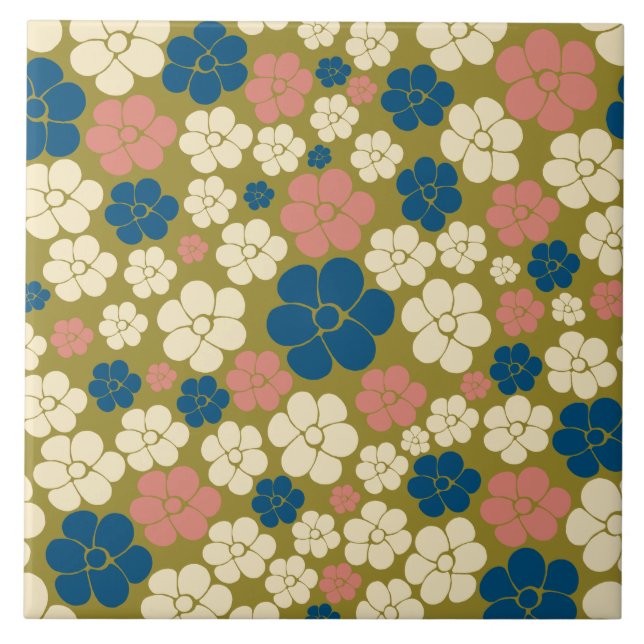 Flower Pattern - Blue, Olive Green, Pink and Cream Tile (Front)
