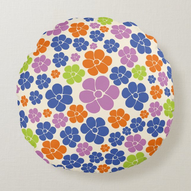 Flower Pattern - Blue, Orange, Purple, Green Round Cushion (Front)