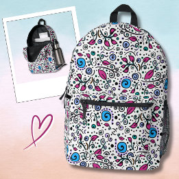Flower Pattern blue Swirl Berry on White -  Printed Backpack