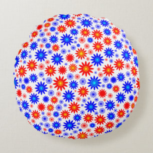 Flower Pattern - Blues with Red, Yellow and White Round Cushion