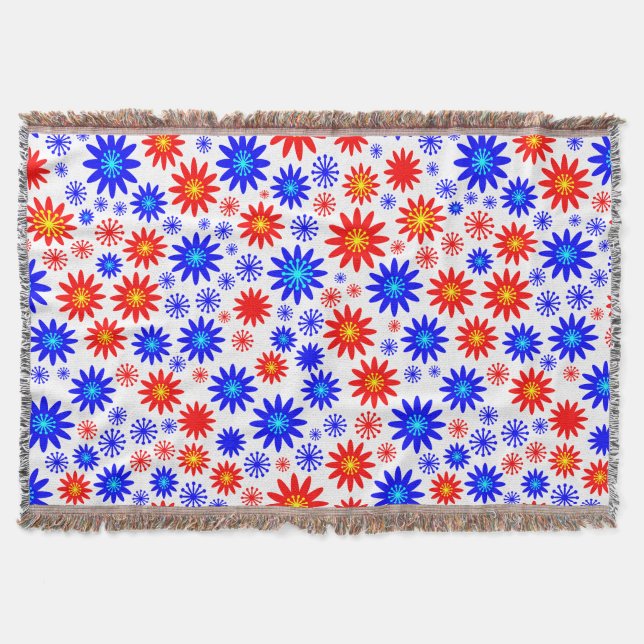 Flower Pattern - Blues with Red, Yellow and White Throw Blanket (Front)