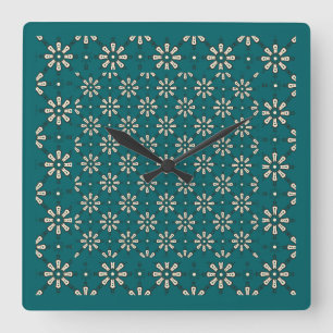 Flower Pattern, Cream, Dark Teal: Wall Clock