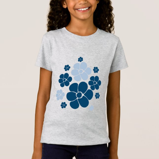 Flower Pattern - Dark Blue, Light Blue and Cream T-Shirt (Front)