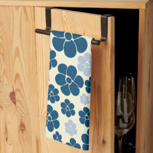Flower Pattern - Dark Blue, Light Blue and Cream Tea Towel