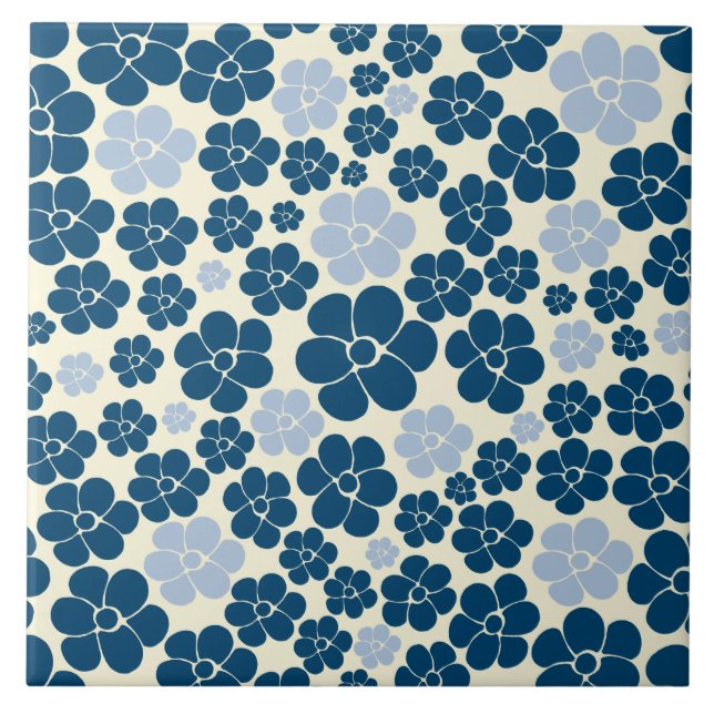 Flower Pattern - Dark Blue, Light Blue and Cream Tile (Front)
