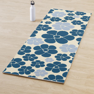 Flower Pattern - Dark Blue, Light Blue and Cream Yoga Mat