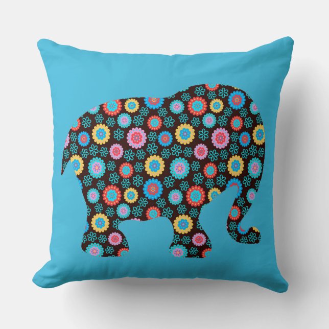 Flower Pattern Elephant on Blue Cushion (Front)