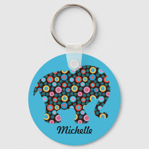 Flower Pattern Elephant on Blue Personalised Key Ring