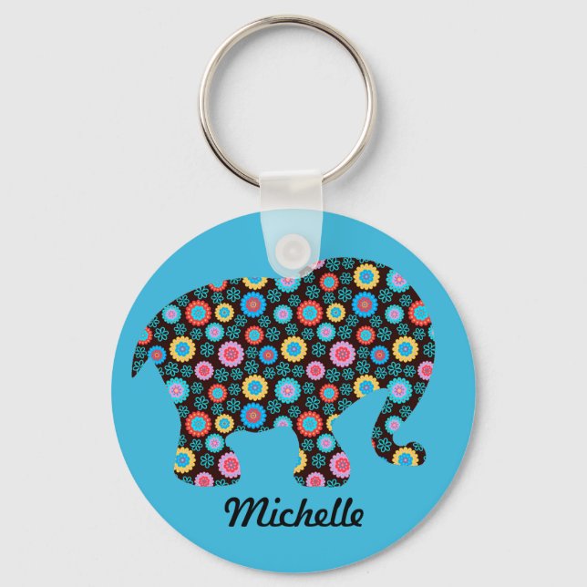 Flower Pattern Elephant on Blue Personalised Key Ring (Front)