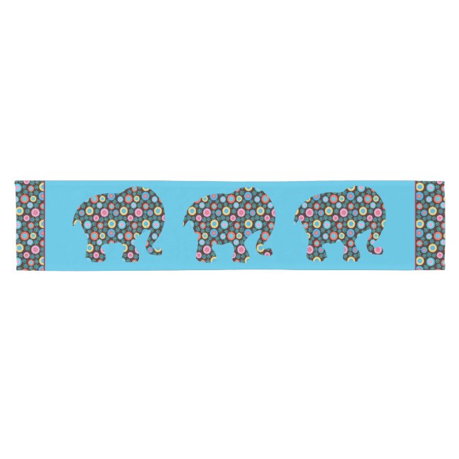 Flower Pattern Elephant on Blue Short Table Runner (Horizontal)
