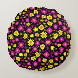 Flower Pattern - Hot Pink, Yellow and Black Round Cushion