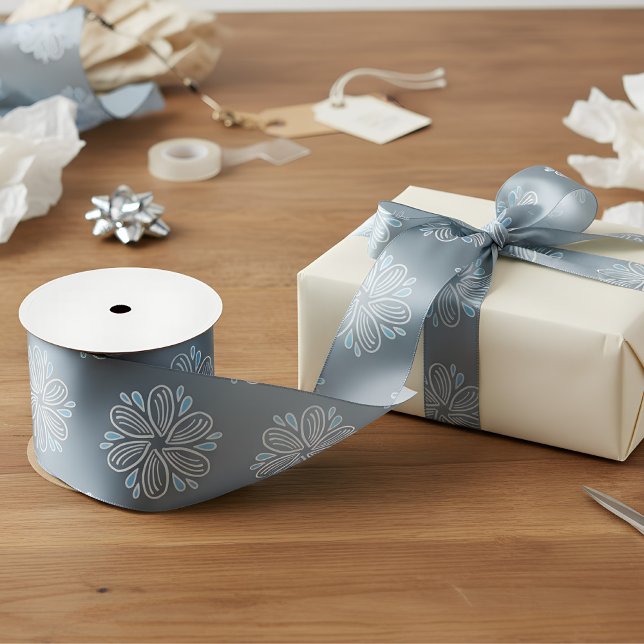 Flower Pattern in blue and white  Satin Ribbon (flower ribbon )