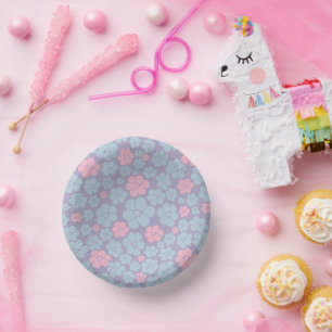 Flower Pattern in Blue, Lilac, and Pink Paper Plate
