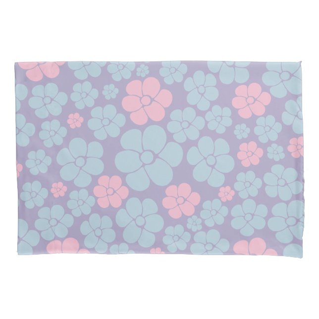 Flower Pattern in Blue, Lilac, and Pink Pillowcase (Front)