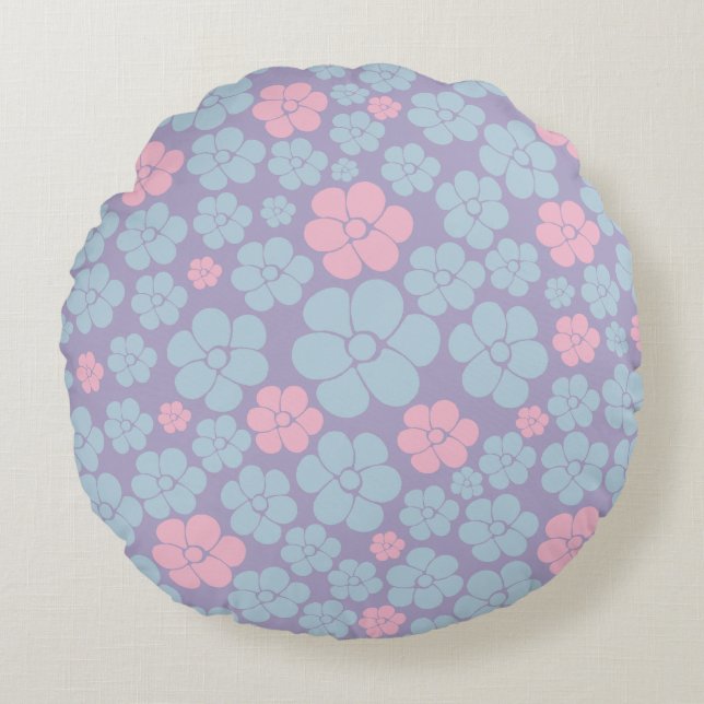 Flower Pattern in Blue, Lilac, and Pink Round Cushion (Front)