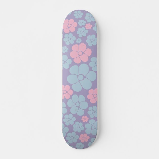 Flower Pattern in Blue, Lilac, and Pink Skateboard (Front)