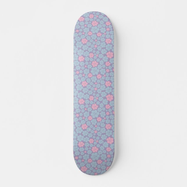 Flower Pattern in Blue, Lilac, and Pink Skateboard (Front)