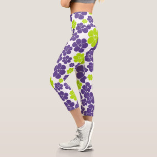 Flower Pattern in Lime Green and Purple Capri Leggings